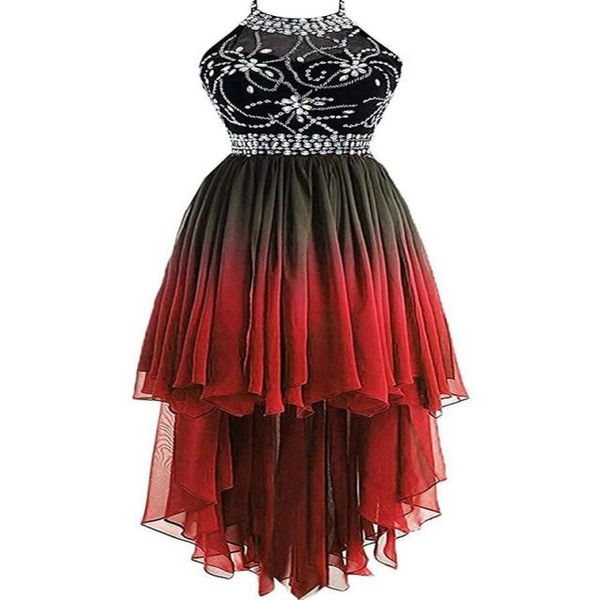 Sexy Ombre Halter Cristaux Robes De Bal HiLo Dégradé Dos Nu En Mousseline De Soie Robe De Soirée Cocktail Robes De Soirée QC13334632572