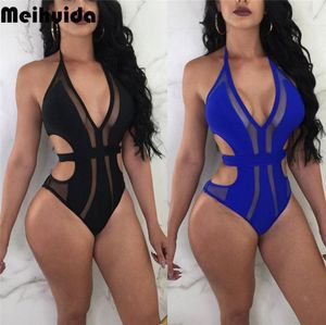 Sexy Een Stuk Badpak Vrouwen 2019 Zomer Beachwear Kant Een Schouder Badmode Badpakken Bodysuit Zwart Blauw Strand Badpakken1606178