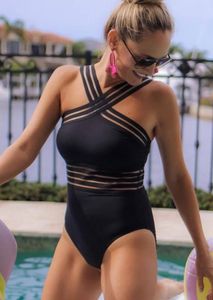 Sexy une pièce maillot de bain femmes Bikini ensemble col haut pansement dos croisé Monokini maillot de bain noir dame maillots de bain