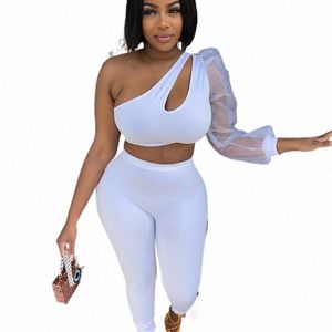 Sexy Een Schouder 2 Delige Set Voor Vrouwen Party Club Uitgesneden Bladerdeeg Mouw Crop Top En Potlood Broek Sets elegante Verjaardag Outfits J2O8 #