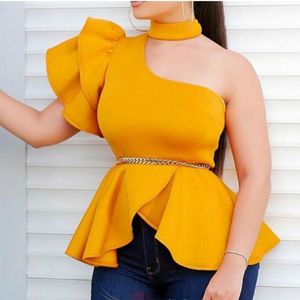 Sexy een schouder blouses tops peplum ruches partij avond clubwear vrouwen mode vrouwelijke bluas backless plus size 210416