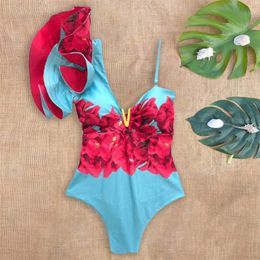 Sexy une épaule à volants une pièce maillot de bain imprimé maillot de bain floral femmes maillot de bain col en V maillot de bain maillots de bain Monokini femme 240315