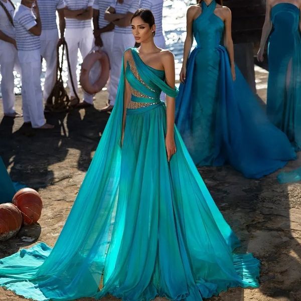 Sexy une épaule en mousseline de soie plage robes de soirée de bal perles scintillantes Dubaï arabe longue Cape robe de soirée robe formelle 328 328