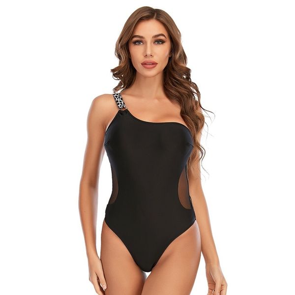 Sexy un hombro traje de baño pieza malla negro traje de baño mujeres monokini leopardo traje de baño tamaño grande XL XXL 210520