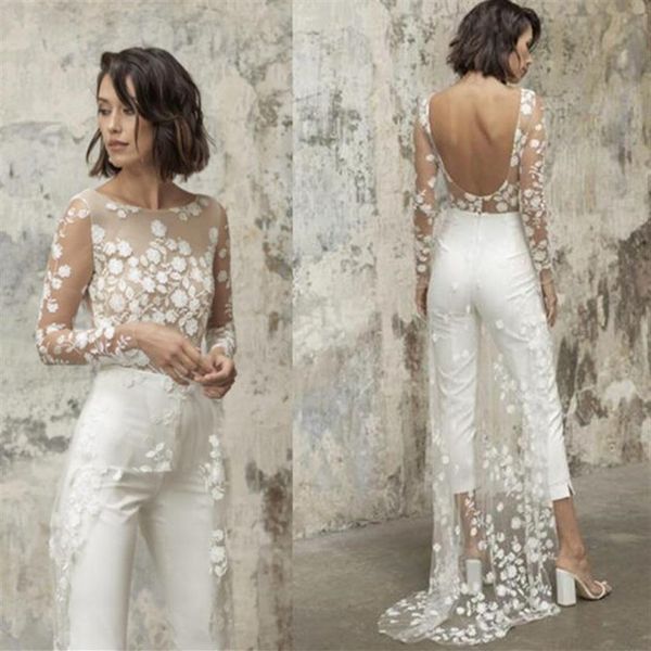 Sexy dos ouvert combinaison robes De mariée avec dentelle surjupes manches longues mariée robes De mariée pantalon costume Vestidos De Novia254O