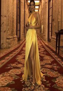 Robe de bal longue jaune, dos nu, Sexy, col licou, sans manches, Simple, fente haute, robes de soirée, 1149073