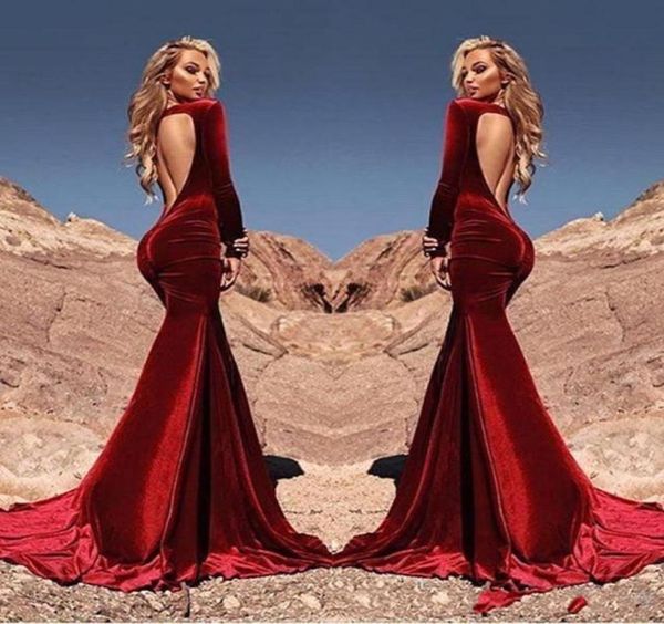 Sexy Open arrière arabe saoudien borgogne sirène Velvet Robes de soirée 2020 manches longues de fêtard formels de bal de bal Occasion spéciale gow4349515