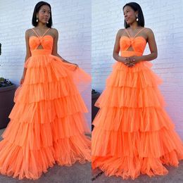 Sexy naranja una línea vestido de fiesta falda hinchada con gradas ojo de la cerradura vestidos de noche formales vestidos de fiesta elegantes vestidos para ocasiones especiales bata de velada de tul