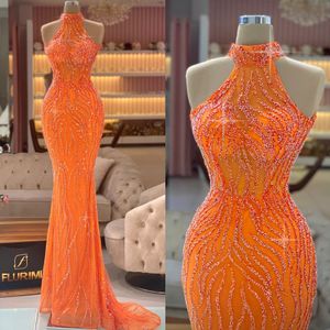 Sexy oranje kristal zeemeermin avondjurken elegante halter prom jurk glitter pailletten kralen op maat gemaakte formele jurken voor vrouwen