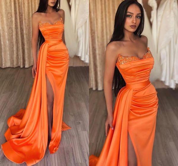 Sexy Orange Divish Vestidos de noche árabe Mermaid Careño de caradas de lentejuelas Satin Long Prom Party Gowns Women Occasion Brobes BC18443