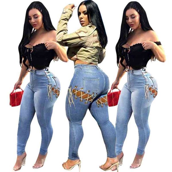 Sexy Outfit Femmes Pantalon Broeken Lace Up Skinny Jeans Femme Taille Haute Jeans Streetwear Denim Jeggings Gros Dropshipping 210322