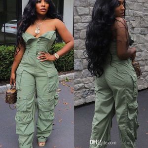 Sexy party streetwear jumpsuit bodysuit rompertjes lente strapless knop voorkant ruches multi-pocket cargo broek werk pak jumpsuits voor vrouwen plus maat s-3xl