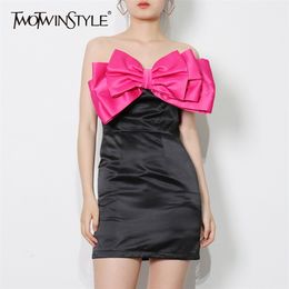 Sexy Patchwork Bow Slim Dress Pour Femmes Slash Neck Sans Manches Taille Haute Hit Couleur Mini Robes Femme Mode 210520