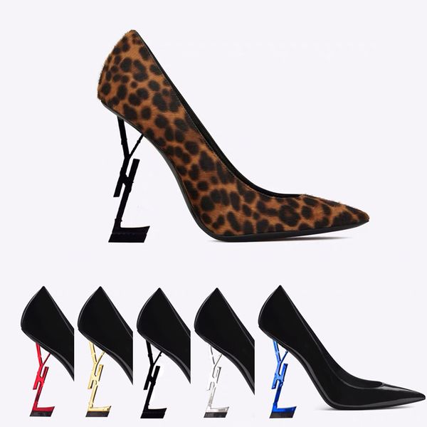Zapatos de vestir de charol sexy, zapatos de tacón de fiesta de diseñador de leopardo a la moda con punta estrecha, zapatos de tacón de diferentes colores de 10cm para mujer