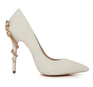 Sexy beige Pearl Full Studs Stilettos Shoes Rhinestone Metal Snake tacón Bombas Single Dress pump Punta estrecha Mujer Weddding High Heels Zapato nupcial