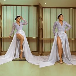 Sexy Pearl Mermaid Avondjurken V Nek Hoge gesplitste Afrikaanse Dubai -jurken Plus maat afneembare trein Prom Formal Party Dress