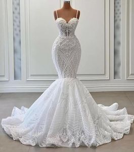 Sexy perles sirène robes de mariée 2023 dentelle Appliques bretelles spaghetti chérie princesse plage robe de mariée
