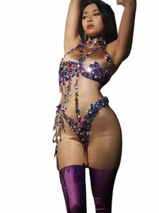 Costume de danse sexy Performance Stage Wear Sleevel Discothèque Pole Dancing Outfit Sparkly Rhinestes Combinaison Skinny Collants 01bF #