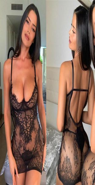 Vestidos de encaje negros con perspectiva sexy para mujer, vestido de tirantes finos con espalda descubierta de verano, ropa de fiesta para club nocturno con Tanga de talla grande 8869506