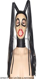 Sexy Pigtail Latex Kap Met Pruik Haar Transparant Gezicht Zip Op Terug Open Ogen Mond Neusgat Rubber Masker 00542432952