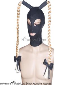 Sexy staart latex kap met pruiken haar en bogen zip bij achterkant open ogen mond neusgat rubber masker plus maat 00434137833