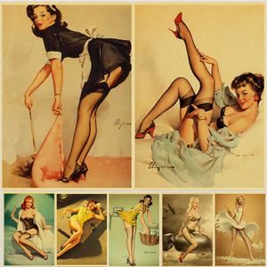 Sexy pin up meisje collectie retro metal schilderposter kraft papier bedrukte sexy dame schoonheid kunst posters muur sticker huiskamer decor 30x20cm w03