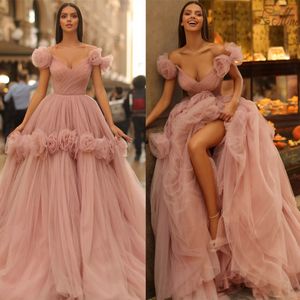 Sexy Roze A-lijn Bruid Toga Met Side Hoge Split Nieuwe Tule Bloem Sweetheart Wedding Bruidsjurken Robes De Mariee sweep Trein