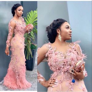 Sexy rose aso ebi luxueux dentelle perle du soir sirène sirène long-manches de bal de bal de balle de fête plume deuxième robes de réception