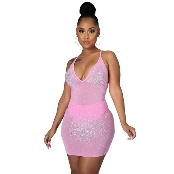 Sexy Pink Cami Dress Rhinestones Summer Club Party Trajes de cumpleaños Mujeres Spaghetti Strap Bodycon Mini Tight Y2K 210525