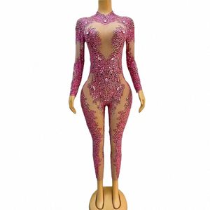 sexy Roze Kristallen Verjaardag Vieren Jumpsuit Transparante Mesh Dans Outfit Avond Nachtclub Kostuum 6224 #