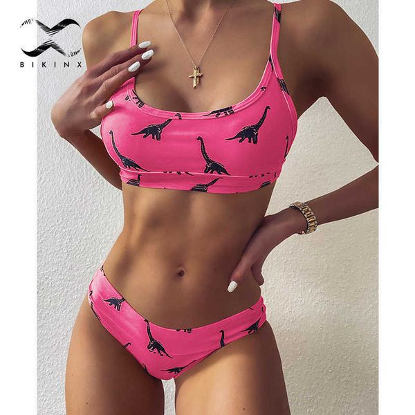 Sexy rose dinosaure imprimé maillot de bain femmes baigneurs bandeau bikinis 2020 femme Push up maillots de bain femmes natation maillot de bain belle Y0820