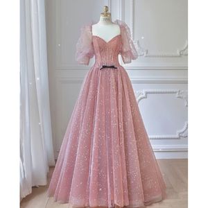 Sexy roze avondjurken met kralen kristallen lange prinses fluweel satijnen feest speciale gelegenheid jurken plooien ruches prom -jurk slijtage