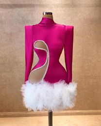 Sexy roze hoge nek korte prom -jurken kralen verjaardagsfeestje jurk uitgehakt ruches mini staart homecoming gewaad de bal 322