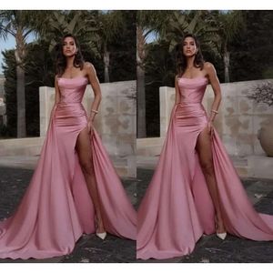 Sexy roze hoge dij split avondjurken nieuw ontworpen backless strapless zeemeermin prom feestjurken Arabisch vestidos op maat gemaakt bc15337