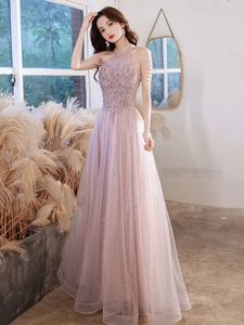 Sexy roze kanten avondjurken halter lange mouw vrouwen elegante a-line jurk maxi prom jurk party jurk abendkleider gewaad de soiree vestidos