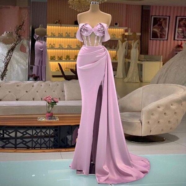 Sexy Pink Light Sky Blue Off Shoulder Mermaid Dresses Prom Vestidos laterales Splits Splite Pearls Formal Fiest Party Vestidos para mujeres Satin Cocktail D 2727