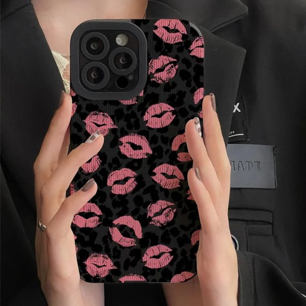 Sexy Pink Lip Kiss Leopard Print Phone Case pour iPhone 14 13 12 11 Pro Max 7 8 Plus XS XR SE Soft Silicone Shell Leopard Couverture