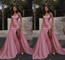 Vestidos de fiesta de sirena rosa sexy largos para mujer Tallas grandes sin tirantes Lado alto Plisados drapeados Hasta el suelo Fiesta de noche Vestidos de cumpleaños Vestido para ocasiones especiales