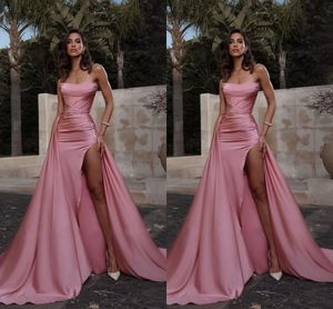 Sexy roze zeemeermin prom jurken lang voor vrouwen plus size strapless high side split plooien gedrapeerde vloerlengte avondfeestje verjaardag jurken speciale gelegenheid jurk