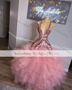 Sexy rose robe de bal sirène licou cou Illusion paillettes dentelle Occasion robes de soirée pour les femmes fête