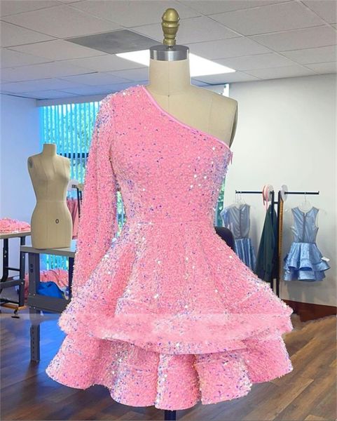 Sexy Pink Puffy Short Prom Dress 2023 One Shoulder Velvet Sequins Party Dress Mini vestidos de cóctel de cumpleaños Vestidos De Fiesta Robe De Soiree