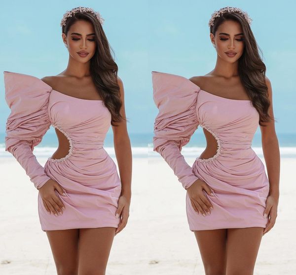 Sexy Rose Satin Gaine Robes De Cocktail Courtes Une Épaule Perlée Découpe Manches Longues Au-dessus Du Genou Lenth Formelle Prom Party Porter Robe De Soirée Robe De Soirée