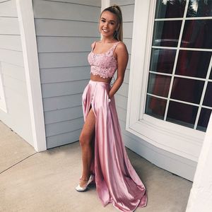 Sexy roze tweedelige avondjurk 2020 spleet backless kant satijn prom feestjurk Abiye robe femme lange jurken avondje gewaad