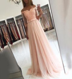 Sexy roze vestidos de baile lieverd aline tule met kanten appliques bead elegant prom jurken lange avondfeestjurken jurken8641497