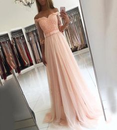 Sexy roze vestidos de baile lieverd aline tule met kanten appliques bead elegant prom jurken lange avond feestjurken jurk 9048836