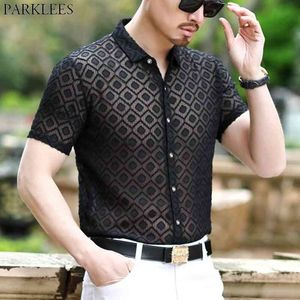 Sexy Plaid Transparant Shirt Mannen Luxe Merk Slim Fit Lace Shirts Mens Zien via Fishnet ClubWar Tops Blouse 3XL 210522