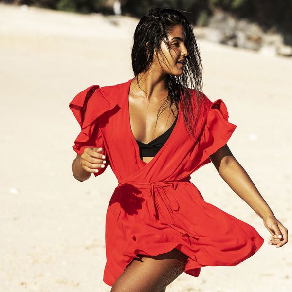 Sexy Plongeant Cou Papillon Manches Summer Beach Robe Femme Beachwear Rouge Cover-ups Coton Tunique Maillot De Bain Cover Up # Q733 210420