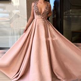 Sexy plunning v-hals prom dresses 2019 kristal kralen feestjurk avondkleding sweep trein yousef aljasmi
