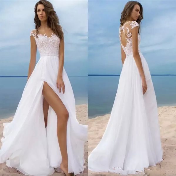 Sexy Plus Size Pays Robes De Mariée Une Ligne Cap Manches Robes De Mariée Blanc Dentelle Dos Nu Plage Robe De Mariée Sur Mesure