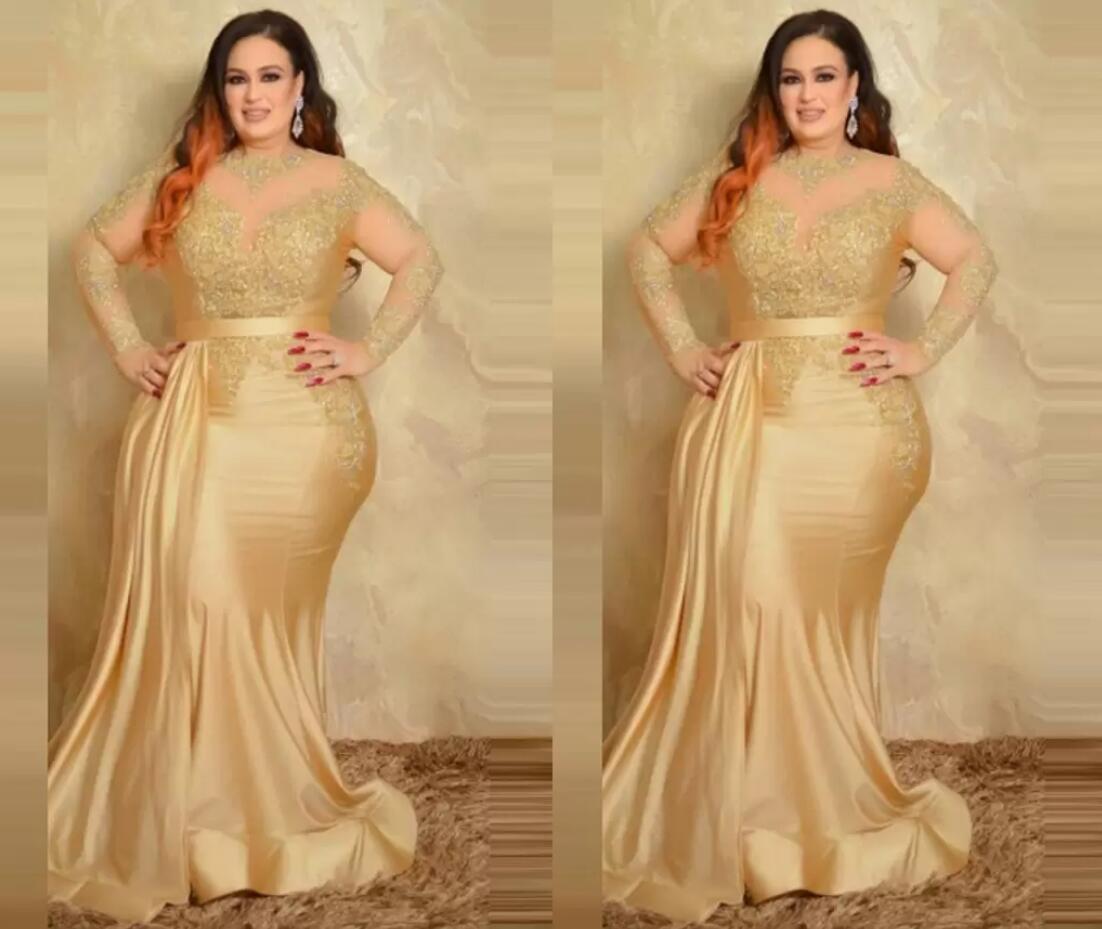 Sexy Plus Size Formal Evening Dresses Elegant With Long Sleeves Gold Lace High Neck Sheath Special Occasion Dress Mother Of The Bride PRO232